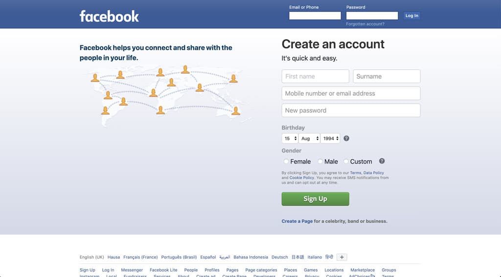 Facebook.com Sign up form