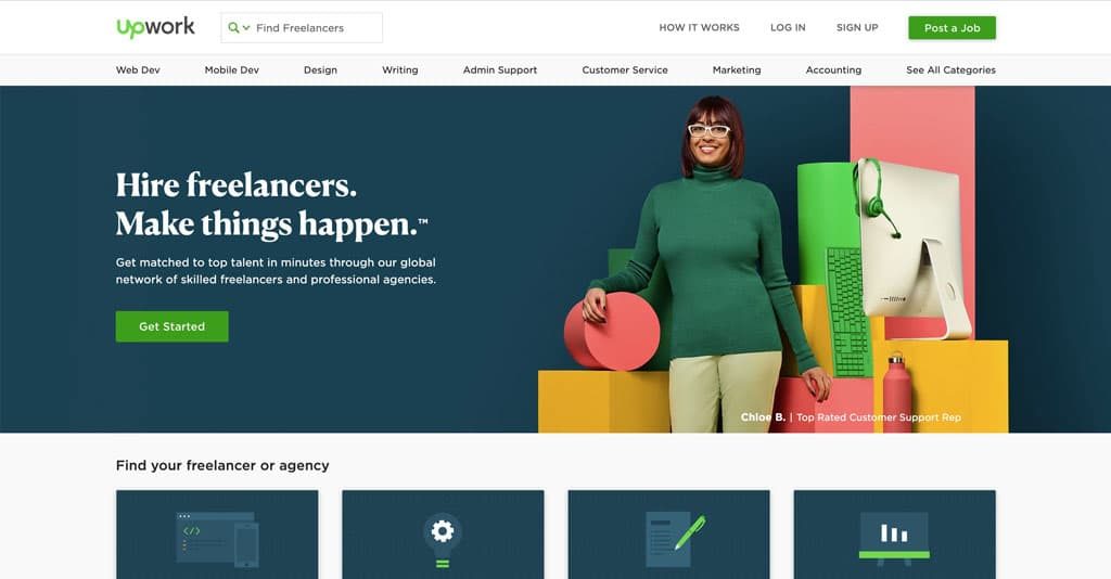 Upwork.com Landing Page encouraging you to hire freelancers